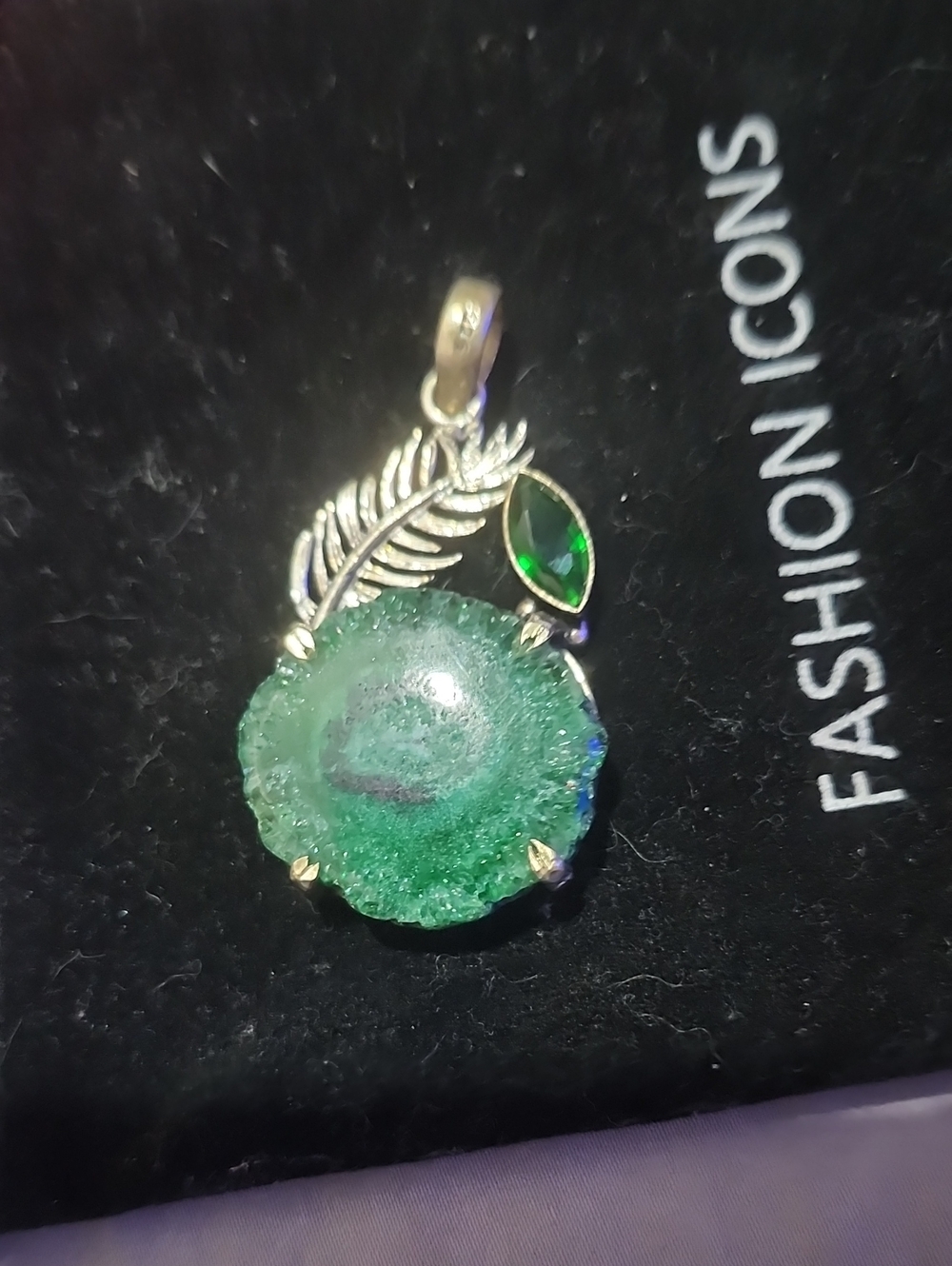 Silver-Tone Leaf Necklace with Green Druzy and Marquise Crystal